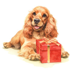 Cute Cocker Spaniel With Gift Box In Watercolor Style