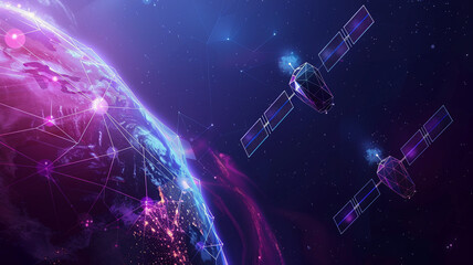 Low poly satellites orbiting a neon earth, representing the global web of digital communication satellites