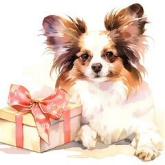 Cute Papillon With Gift Box In Watercolor Style