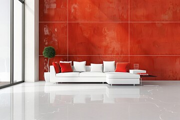 Modern Living Room with Bold Red Wall and Minimalist Decor Concept of vibrant design and luxury living