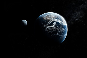 Fototapeta premium Earth and its moon appear as a serene pair in the vast cosmos, surrounded by stars in the darkness