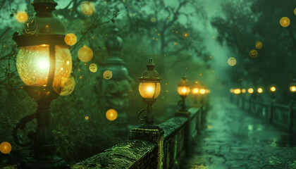 An abstract composition in olive green and rust, where defocused lights mimic the ancient glow of lanterns lining the path of a forgotten Roman road. The scene is historic and evocative.