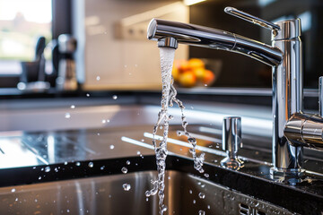 Water cascades aerodynamically from a modern kitchen faucet onto a reflective granite countertop, hinting at cleanliness and hydration
