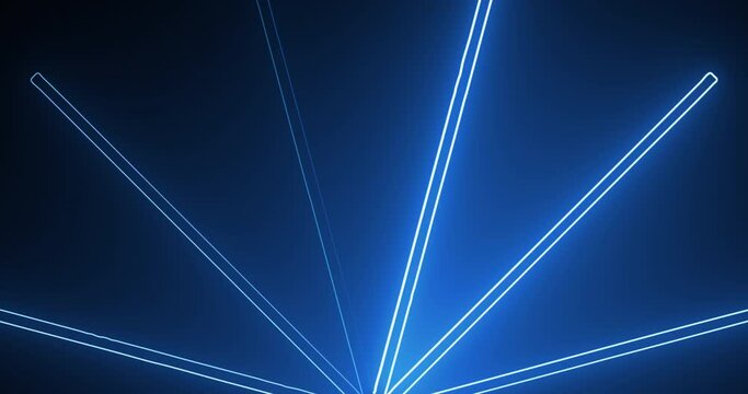 Music concert award show glittering festival night light beams in sky animated neon 4K bg. Electronic DJ beats reactive spotlight show glowing nightlife flash lights in black overlay asset. Magic loop