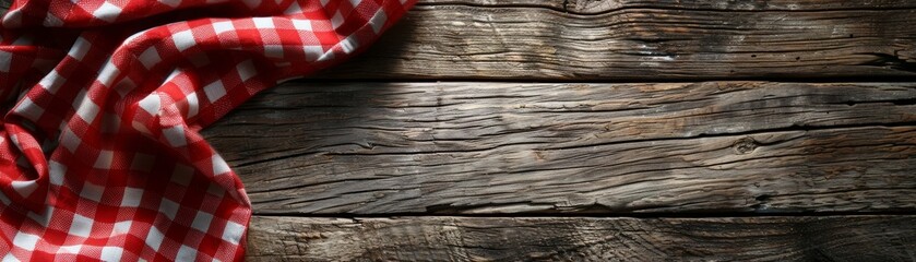A red checkered tablecloth covers the wooden table, ready for a delicious meal.