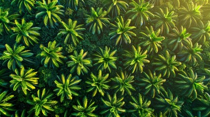 Top view. Aerial view panorama of a vast oil palm plantation, emphasizing the orderly patterns of the palm trees and the contrast between the lush green of the palm leaves and the surrounding terrain