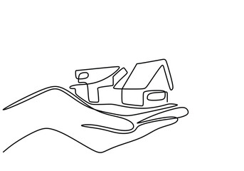 Continuous one line drawing of a hands holding a miniature house
