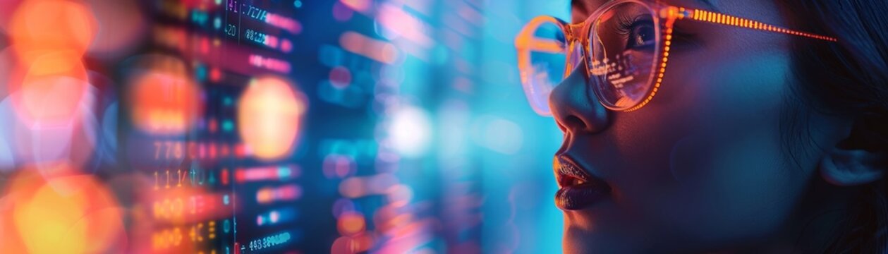 A tech-savvy woman dons her glasses as she delves into the complex realm of coding and big data, unraveling patterns and solving problems.