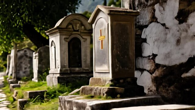  Peaceful cemetery with ancient stone monuments and a cross