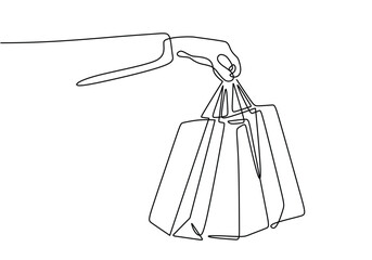 Continuous one line drawing of hand hold Shopping bags