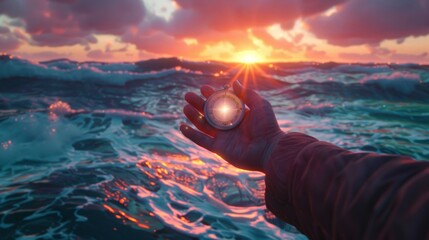 A hand holding a compass in front of a stormy sea at sunset.