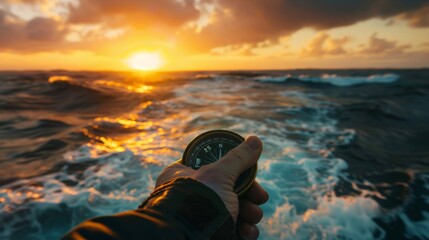 A hand holding a compass in front of the ocean during sunset.