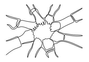 Teamwork One line drawing. group of business people unite hands.
