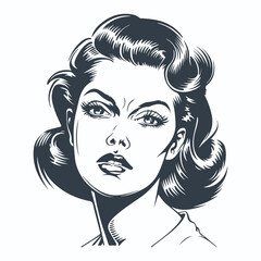 Retro girl angry expression woodcut drawing vector