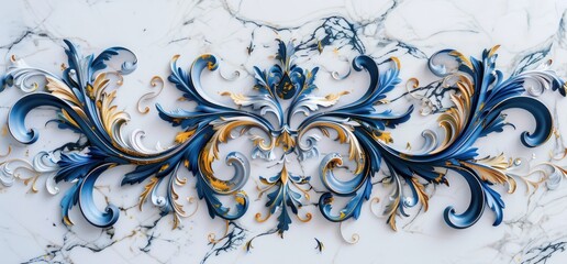 marble carving of intricate dmt visual flourish shapes with ornate blue and gold details, placed spaced out on pure white paper  