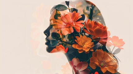 a double exposure illustration blending a woman's profile with flowers, celebrating mental health on Women's Day