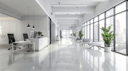 Sleek White Office Corridor with Panoramic City Views