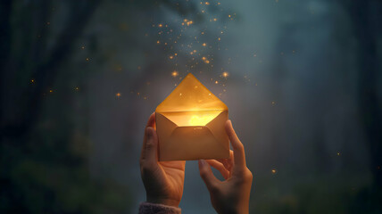on a dark background, a golden shiny envelope in hands with space for text