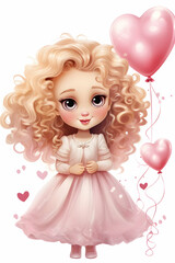Fototapeta premium little beautiful girl with white wavy hair in a pink dress on a white background with a balloon in cartoon style