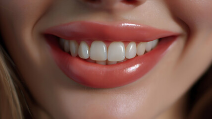 Fototapeta premium banner for dentistry, beautiful smile with straight white teeth of a young girl close-up. Design for dentistry industry.