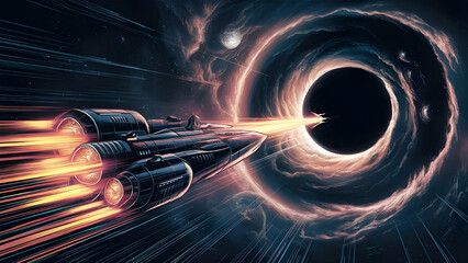 Concept of space exploration. A futuristic spacecraft boldly venturing into the unknown. Swirling black hole