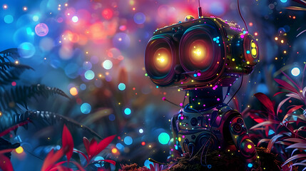 baby robot on a dark floral background with glitter and bokeh with copy space