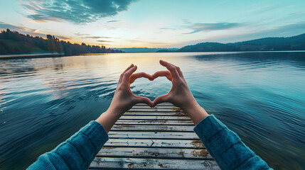 hands in the shape of a heart against the background of a beautiful lake and trees