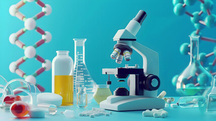 banner for chemistry courses, microscope and chemical elements in the laboratory on a blue...