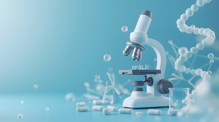 banner for chemistry courses, microscope and chemical elements in the laboratory on a blue background with copy space