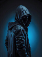Villain in a mask and a black jacket with a hood on a blue background