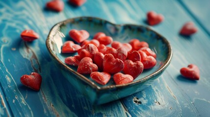 Small red hearts in blue dish
