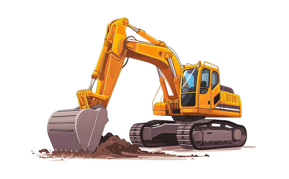 A vibrant vector graphic of a yellow hydraulic excavator with a detailed arm and tracks. Generative AI