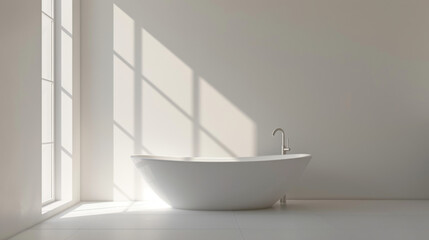 Fototapeta na wymiar A modern minimalist bathroom basked in natural sunlight with soft shadows, featuring a standalone bathtub and large windows.