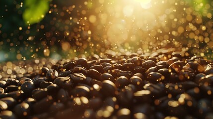 medium shot macro lens of a pile of coffee beans. photorealistic. delicious, aromatic, backlit by the sun   - Powered by Adobe