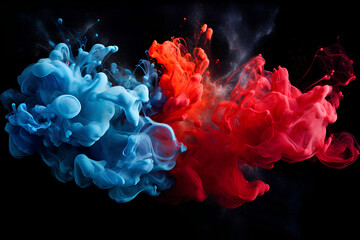 Acrylic blue and red colors in water. Ink blot. Abstract black background