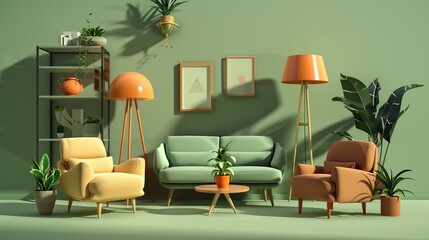 simple lightweight 3d map, which only contains models of sofas, green plants, lamps, pots and bookcases.