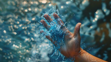 A hand holding a handful of water - obrazy, fototapety, plakaty