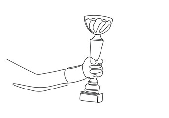 Continuous one line drawing of hand hold trophy cup competition