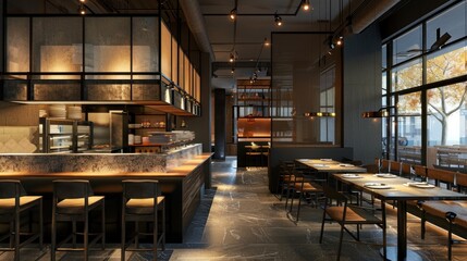 modern restaurant interior with sleek lines, minimalist dÃ©cor, and industrial accents, creating an ambiance of urban sophistication  
