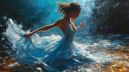 Rough Paint Texture of A Women Artist Ballerina Dancer In Ballet Dress Oil Painting On Canvas