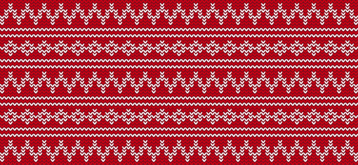 Vector Geometric Knitted Pattern Red And White, Festive Sweater Design. Seamless Knitted Pattern - obrazy, fototapety, plakaty