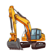 A vibrant vector graphic of a yellow hydraulic excavator with a detailed arm and tracks. Generative AI