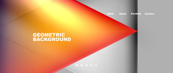 The geometric background is composed of rectangles, tints and shades of amber, orange, magenta, peach, and electric blue. In the middle, there is a bold red triangle