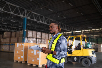 Portrait of male staff with holding clipboard working in warehouse, Industrial and industrial...