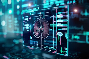 Fototapeta na wymiar kidney testing results on digital interface on laboratory or surgical background, innovative technology in science and medicine concept. medical technology