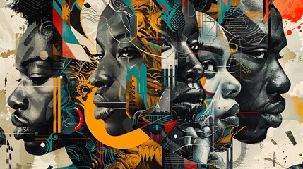 an illustration showcasing a collage of male faces adorned with an array of vibrant and trendy elements, forming a captivating puzzle-like composition. Infuse the image with dynamic colors 
