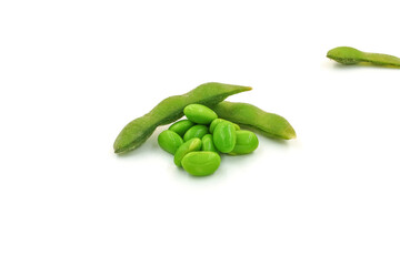 Fresh edamame soybeans and pods isolated on white background.