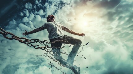 A man breaking free from chains in the sky