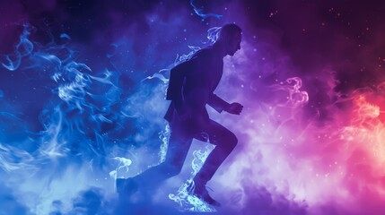 A man running through a blue and purple fire.