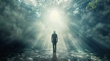 A man standing in a dark forest is looking at a bright light in front of him.
